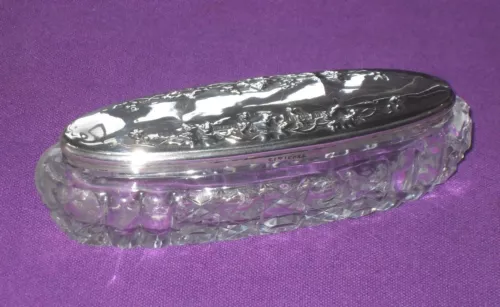 antique edwardian 1907 sterling silver grape & vine design lid glass pin dish image 1