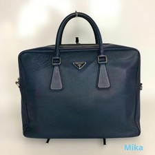 PRADA Triangle Logo Briefcase Business Hand Bag Saffiano Leather Navy R02075