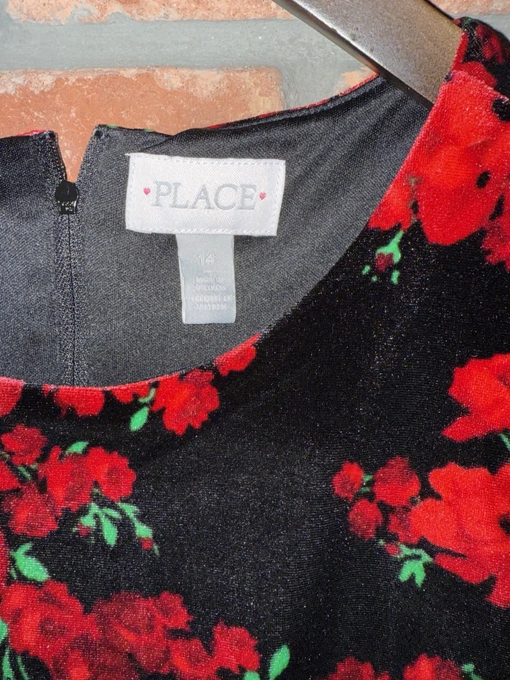 The Children’s Place Kids Girls Red Floral Velvet Satin Holiday Dress Size 14 - Image 4 of 4
