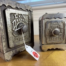 2 Antique Nickle Plated Cast Iron Coin Deposit Safe Still Bank With Horse Heads