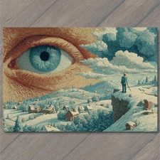 POSTCARD Surreal Giant Eye Over Winter Village Figure Standing Cliff Landscape