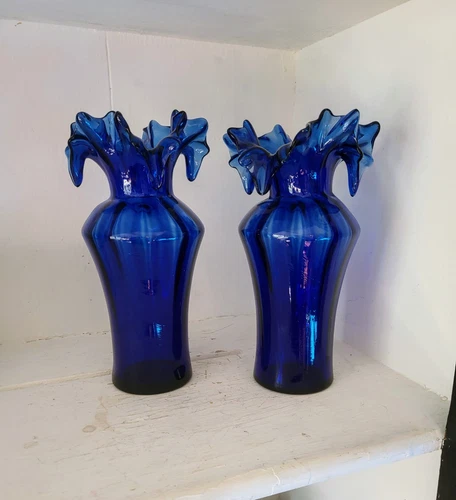 Stunning Fenton? Cobalt Blue Ruffled Edge Vases Set of 2