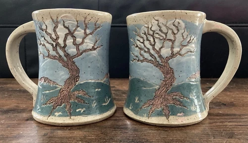 Set of 2 Pottery Mugs Tree of Life n Mountain Nature Scene Textured Signed