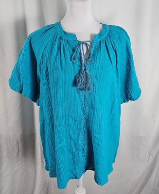 New Cupio Womens Top Solid Blue Front Tie Tassels Short Sleeves Cotton XL