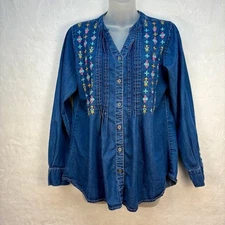 Vintage Denim Embroidered Boho Pleated Tunic Top Button Down Long Sleeve Size M