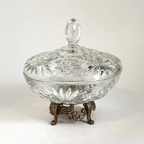 Vintage Starburst Anchor Hocking Candy Dish w/ Lid & Brass Pedestal Base