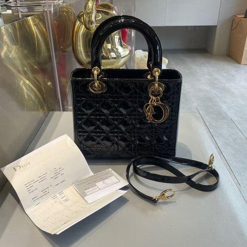 100%Authentic Dior Lady Dior Medium Black Patent Leather Bag Gold Hardware