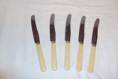 5er Set Obst Dessert Messer Edelstahl mit elfenbeinfarbenen Griffen Vintage