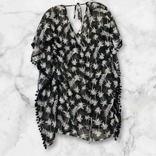 Miken Women's Pom-Pom Palm Kimono Swim Cover L, Black/White 571