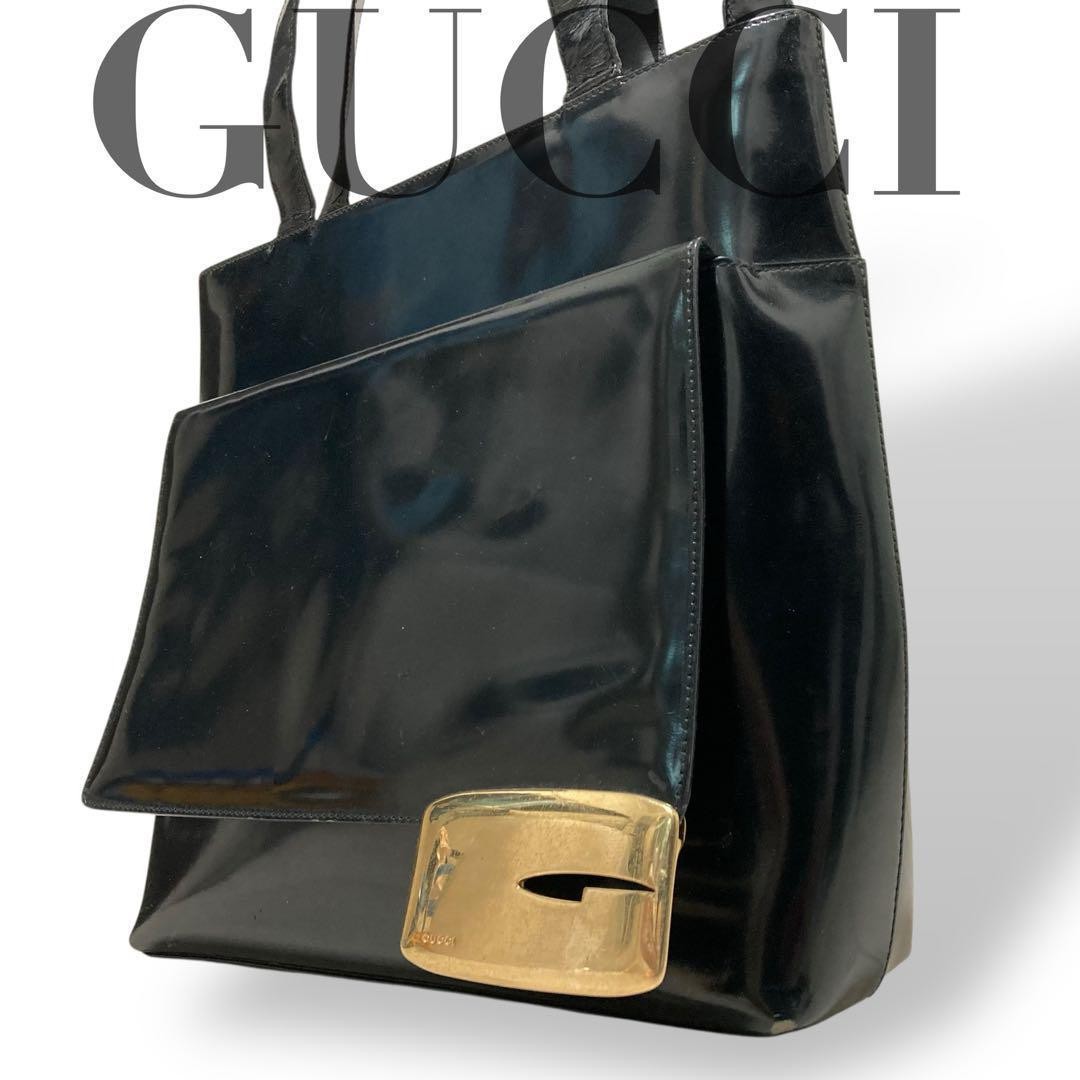 Gucci Black Leather Enamel Tote Bag with Gold G Metal Fittings Large Capacity