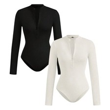 2-Piece Set Zipper High Neck Long Sleeve Bodysuit in Black  White, Size XL