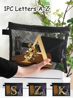 B Size Floral Gold Letter A-Z Mesh Cosmetic Bag Travel Toiletry Organizer