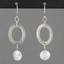 Vintage Silpada Hammered Oval Sterling Silver Coin Pearl Dangle Earrings W1253