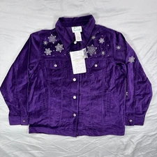 NWT The Quacker Factory Jacket Womens M Purple Embroidery Christmas Snowflake