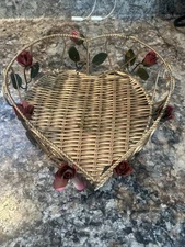 Heart Shaped Wicker Baskets Wire Handles Metal Roses Valentines Day