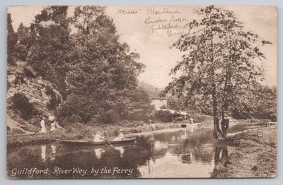 Guildford River Wey mit der Fähre, Ruderboot und Wanderer, Sepia
