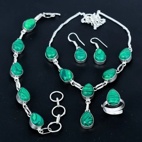 Malachite 925 Sterling Silver Pear Gemstone Handmade Decent Jewelry Set AAB 1146