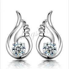 925 Sterling Silver Tarnish-Free Swan Angel Wing Crystal Stud Post Earrings Y746