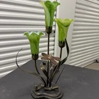 Vintage Tiffany Style Luminarie Table Lamp Green Swirl Tulips Red Dragonfly 21"