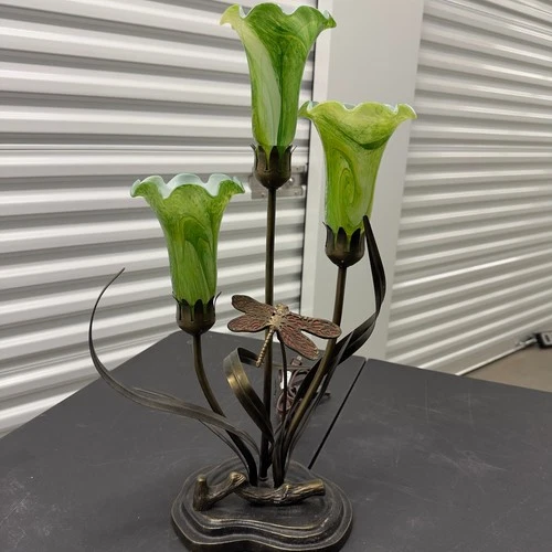 Vintage Tiffany Style Luminarie Table Lamp Green Swirl Tulips Red Dragonfly 21"