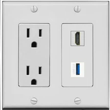 RiteAV 15 Amp Power Outlet and HD USB-3 Wall Plate [Gray]