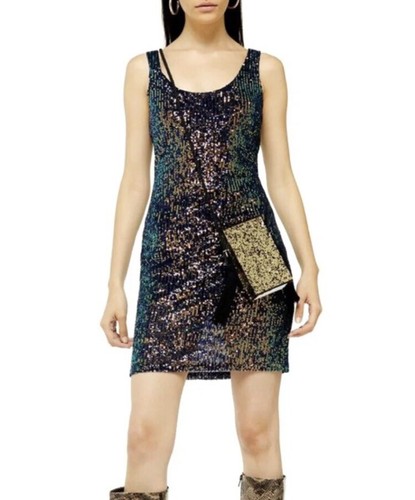 NWT Topshop Sparkly Colorful Sequins on Black Mini Dress Scoop Neck Party size 6