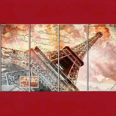 Designart Eiffel Tower Paris-Contemporary Canvas Art Print-48x28, 4 Panels 