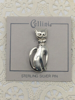 Cellini Sterling Silver Kitty Cat Brooch Pin Jewelry New