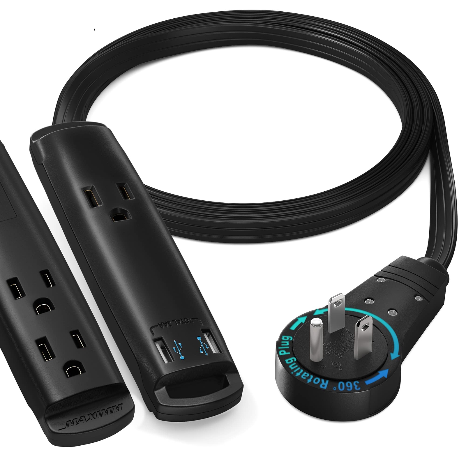 Extension Cord with USB Ports 3FT 360° Rotating Flat Plug Extension Cord 3-Ou...-image