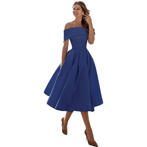 Women's Fashion Casual Strapless Satin Party Dress Off The Shoulder Tea Length S - Picture 64 of 106