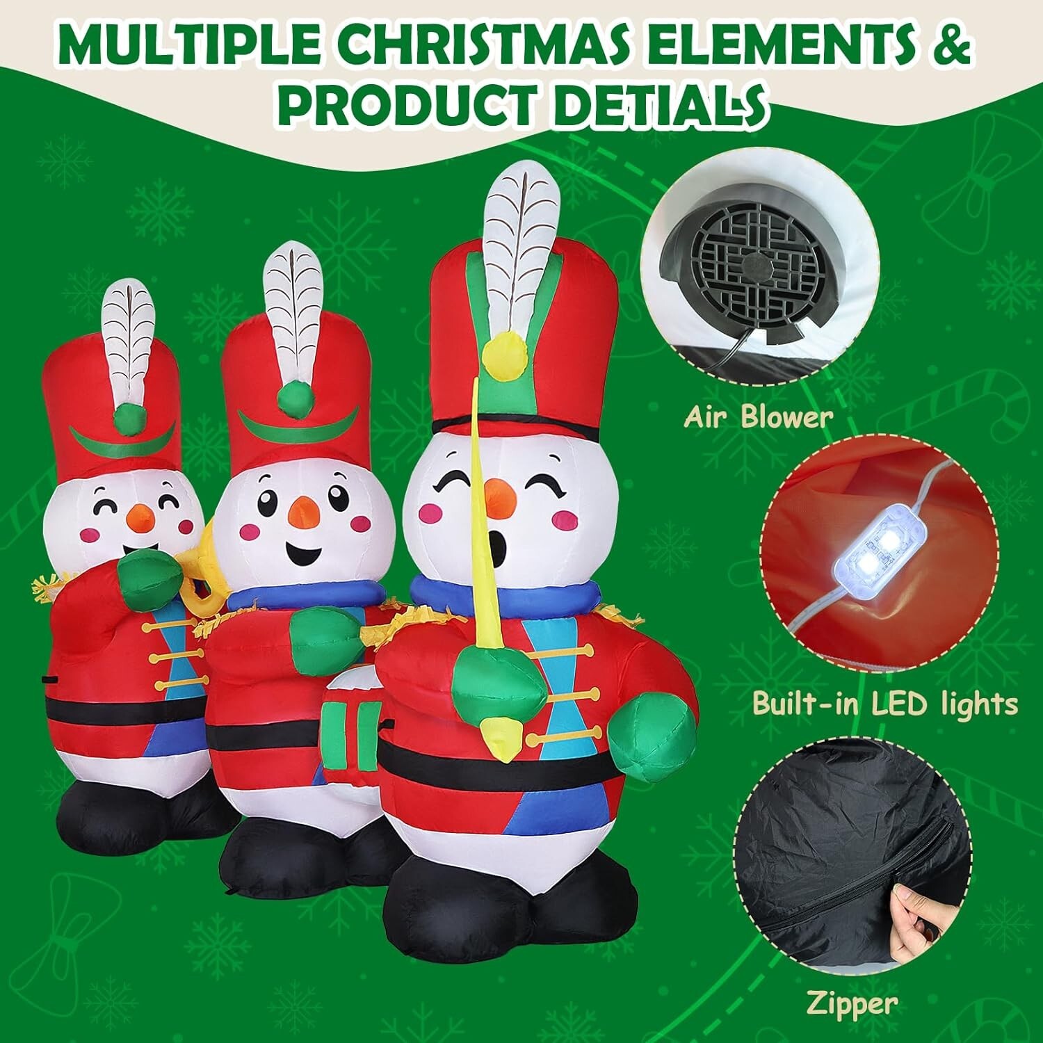 Christmas Soldier Snowman Marching Band Music Inflatable Decor LED Blow