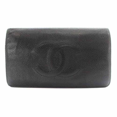 CHANEL Long Wallet Bifold Leather Caviar Skin Width 17.5cm vertical 10cm used - Picture 1 of 9