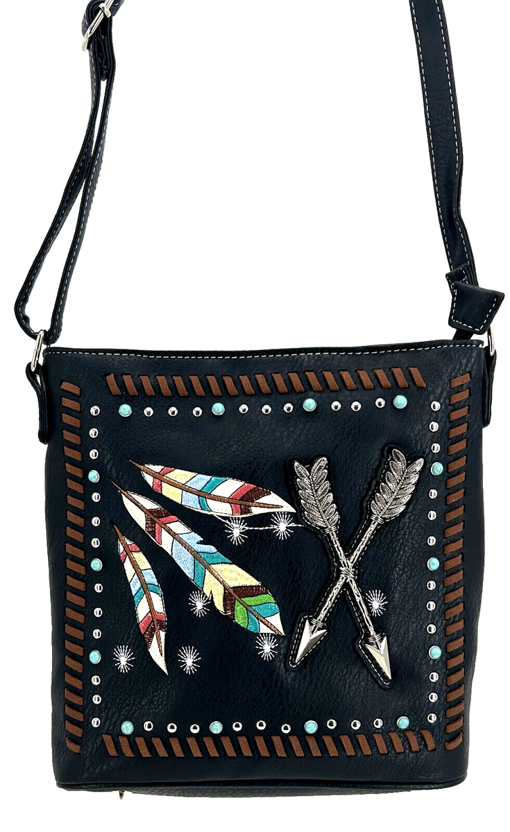 WESTERN INDIAN FEATHER STUDDED CROSSBODY BAG CONCEALED PURSE