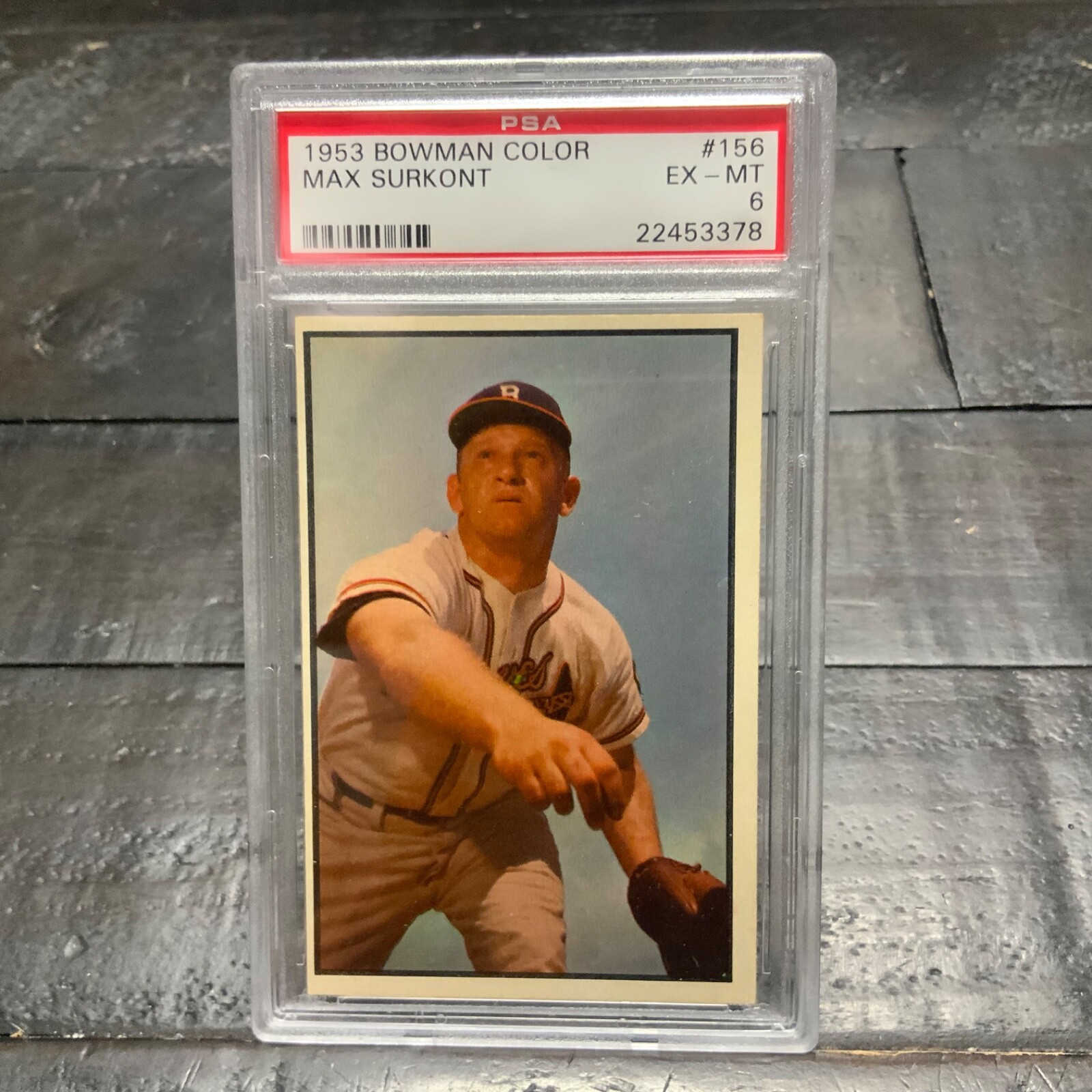 1953 Bowman Color Max Surkont #156 *Braves* PSA 6 EX-MT