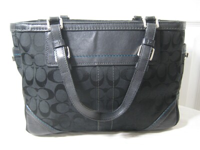 Coach 8k49 Black Signature Jacquard Leather Trim Medium Tote Bag