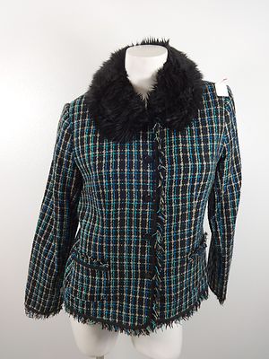Ruby Road Damen Schwarze Blaue Karierte Acrylknopfjacke Größe 10 Super Süß!