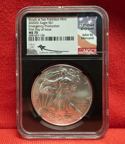 2020-S AMERICAN SILVER EAGLE NGC MS 70 EMERGENCY PRODUCTION FDoI MERCANTI SIGNED