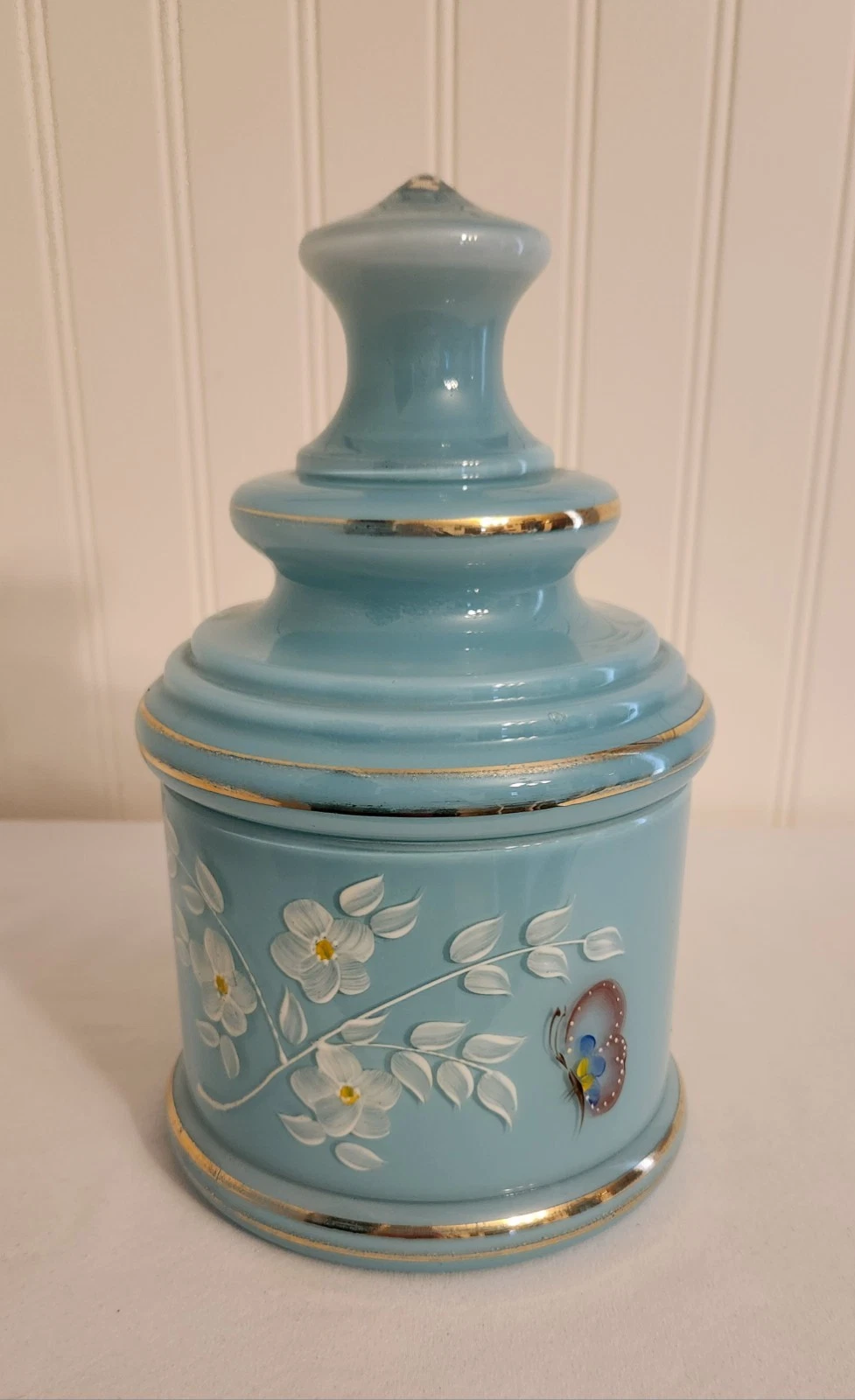 Vintage 1940s Hand Painted Floral Butterflies Cased Glass Display Apothecary Jar