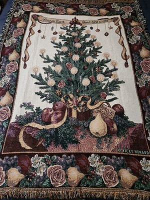 Vintage Vicky Howard Tapestry Throw NWT Xmas Tree Peace On Earth Goodwill To All