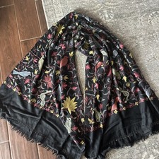 Vintage Kashmiri Embroidered Merino Wool Shawl Scarf Black Floral India