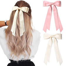 2PCS Silky Satin Hair Bows Hair Clip Beige Pink Hair Ribbon Ponytail Holder Acce