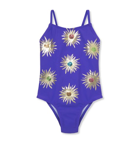 Peek Girls Foil Sequins Purple One Piece Swimsuit Gold Bowtie Back Girls Sz 4/5 - Picture 2 of 9