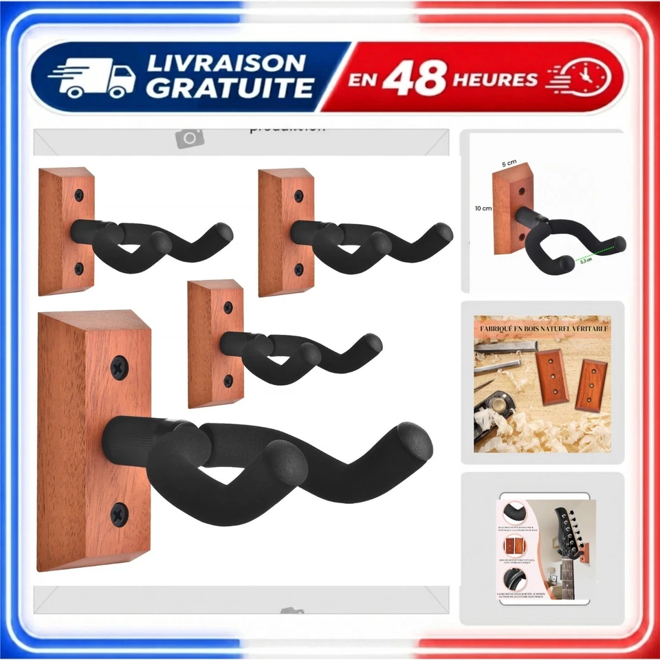 Supports muraux guitare DOMMI lot 4 crochets rotatifs bois - Photo 1/4