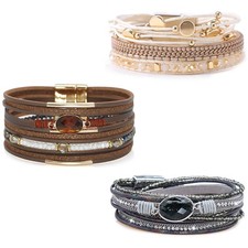 Leather Wrap Bracelet Set 3Pack Leather Cuff Bracelet for Women Multilayer Ma...