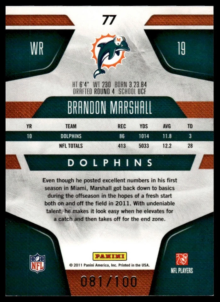 2011 Panini Certified #77 Brandon Marshall Mirror Blue #/100 - Image 2 of 2