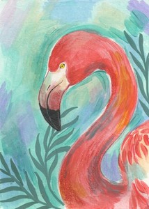 Original Painting,Tropical Flamingo Art 5x7, Signed