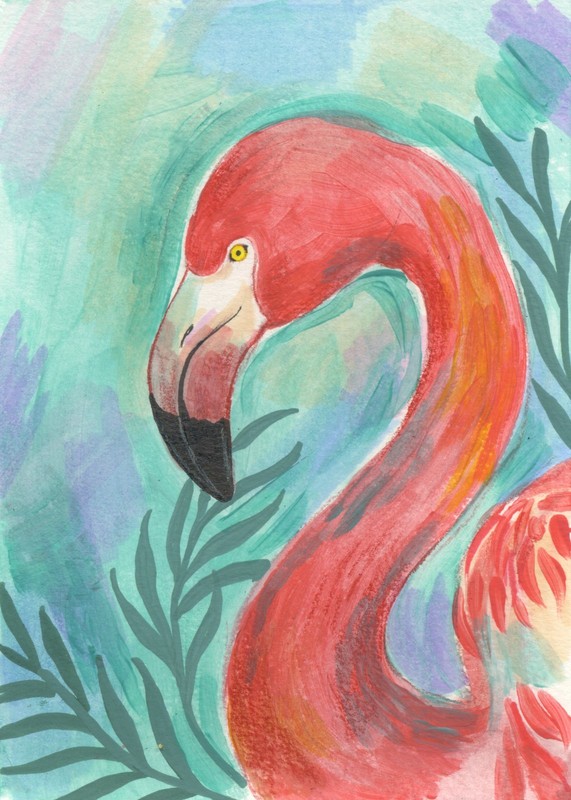 Original Painting,Tropical Flamingo Art 5x7, Signed