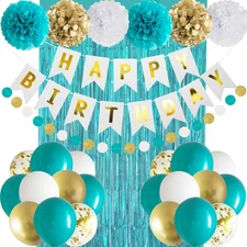 Teal Blue and Gold Happy Birthday Party Decorations Banner Turquoise Aqua Foil F