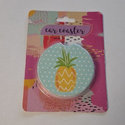 Greenbrier International Pineapple Polka Dot Car Coaster Light Blue Yellow Round