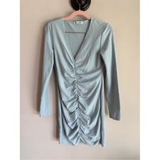 Reformation Light Blue Ruched V-Neck Long Sleeve Mini Dress